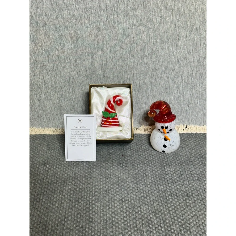 Handcrafted Glass Santa Hat and Snowman Figurine Set Holiday Decor Red White